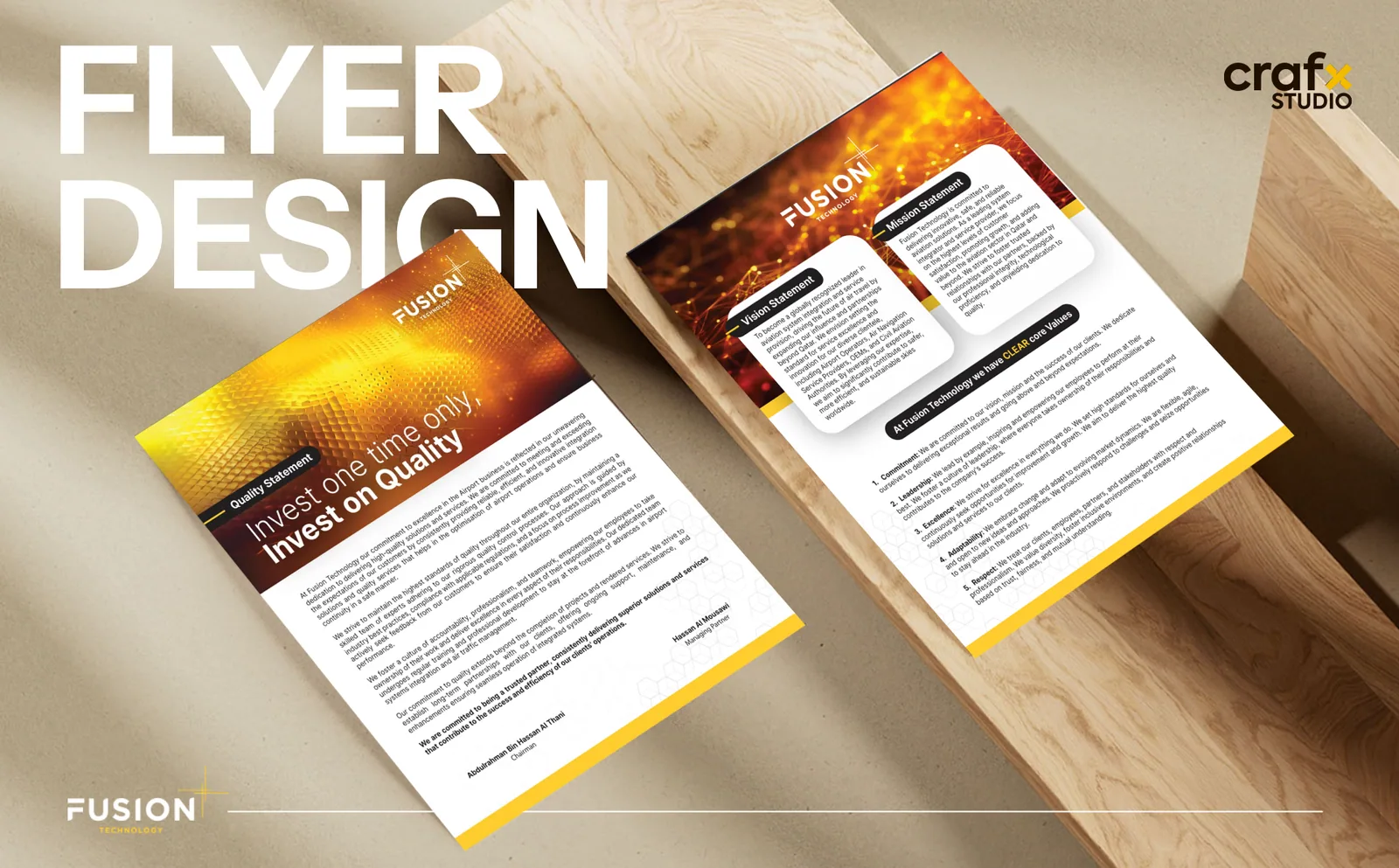 Flyer Design title slide over two flyers resting on a wooden surface