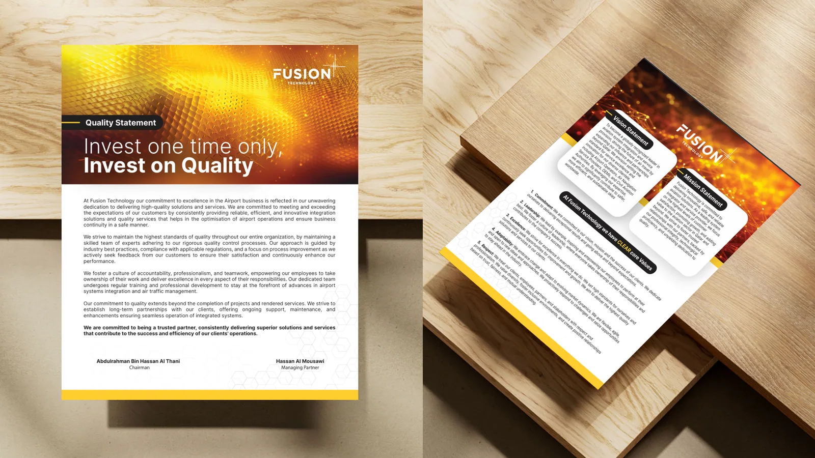 Two flyer mockups on wooden blocks with gold and fiery orange covers