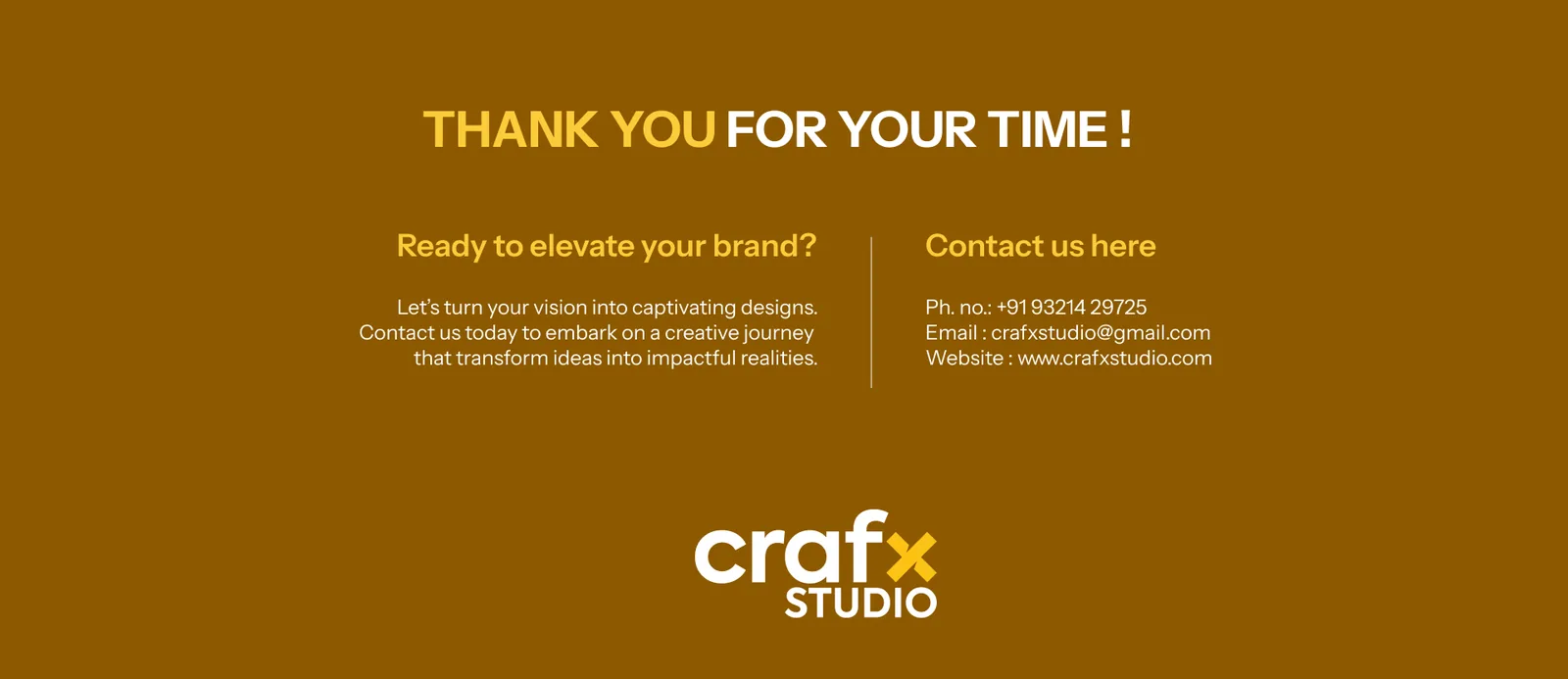 Closing slide with the Crafx Studio logo and contact details on brown
