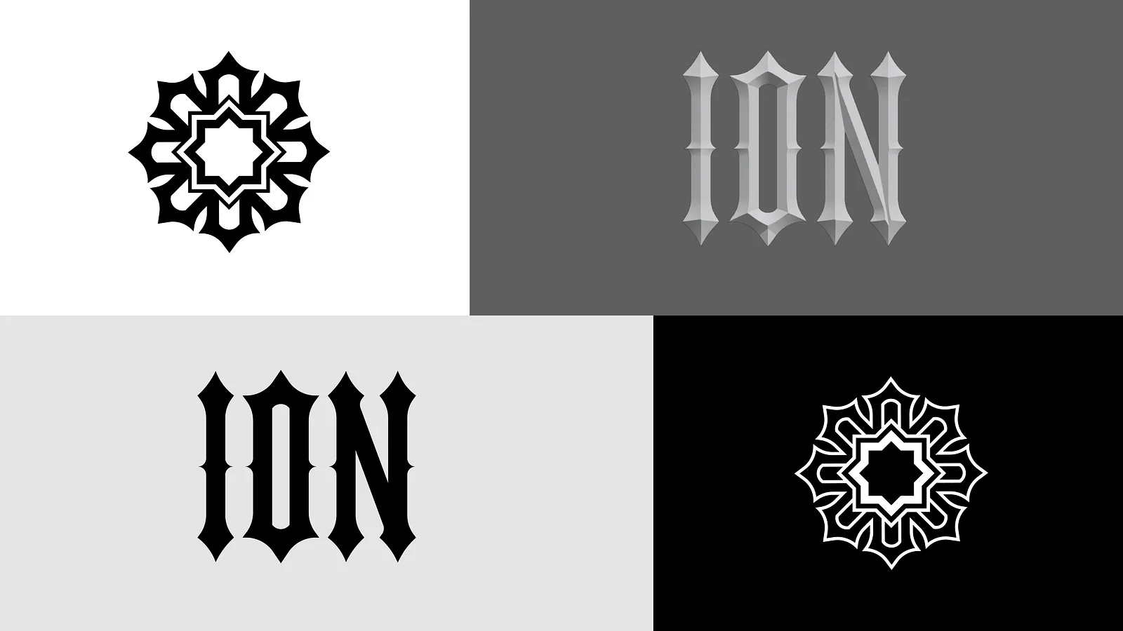 Ornamental star icon and Ion wordmark across grey and black panels