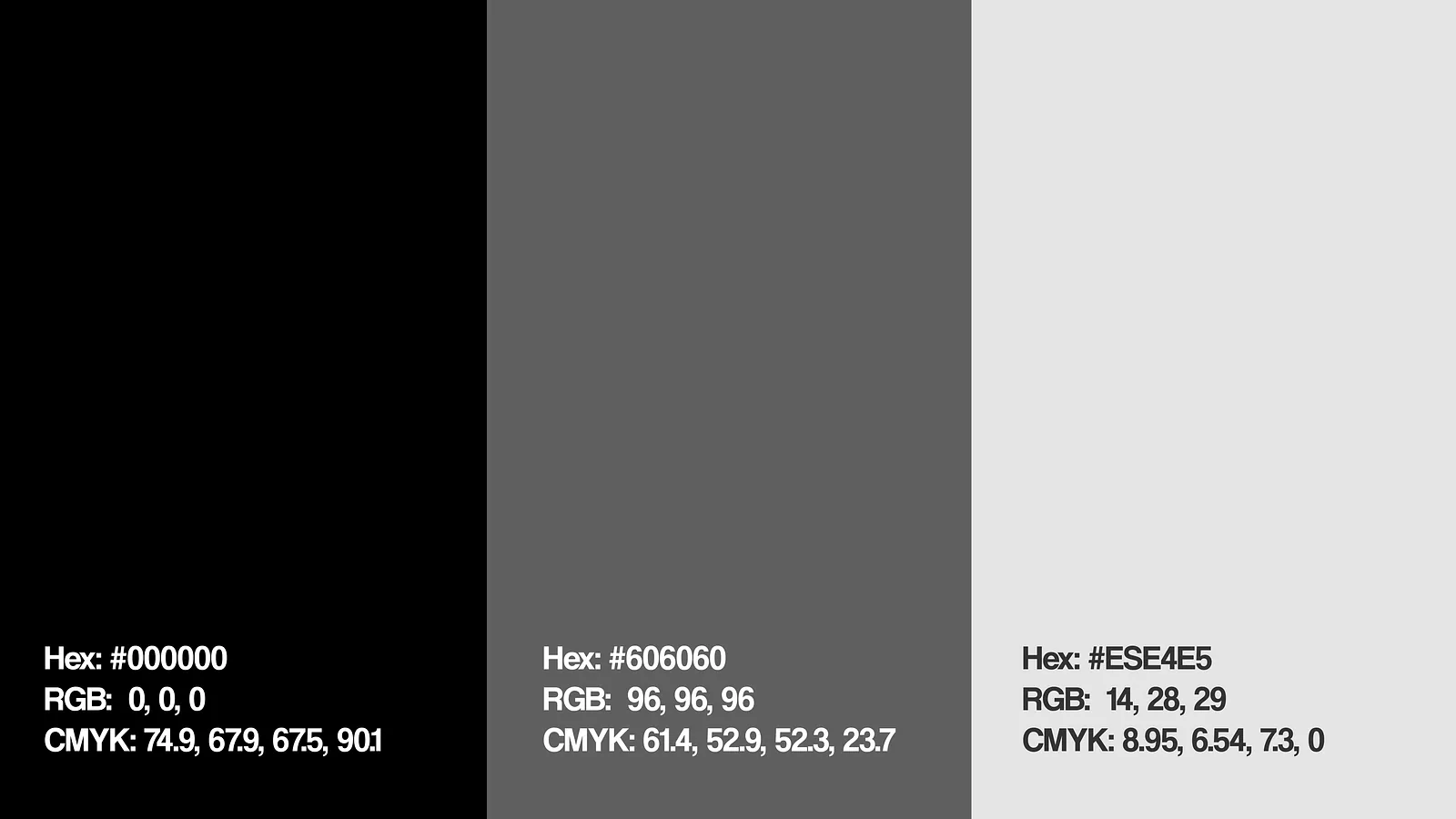 Three-swatch colour palette with hex, RGB and CMYK values