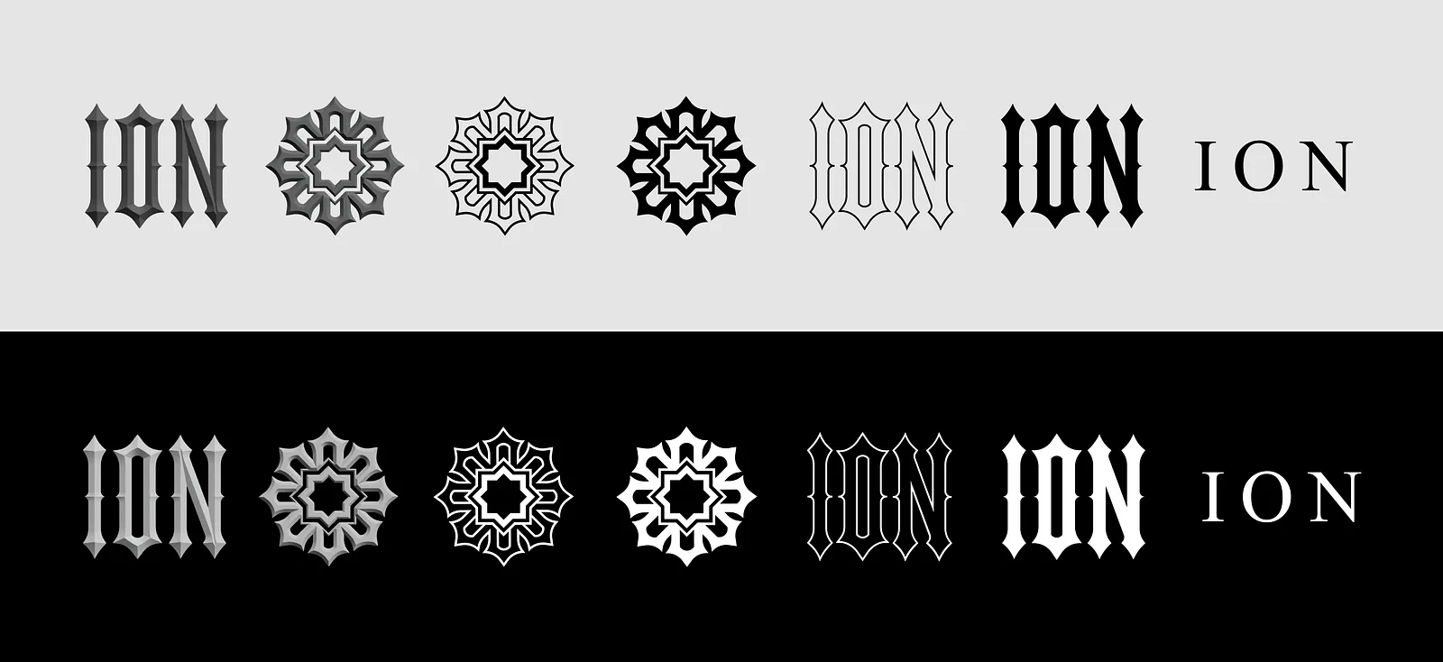 Logo variation strip with wordmarks and ornamental icons, light and dark