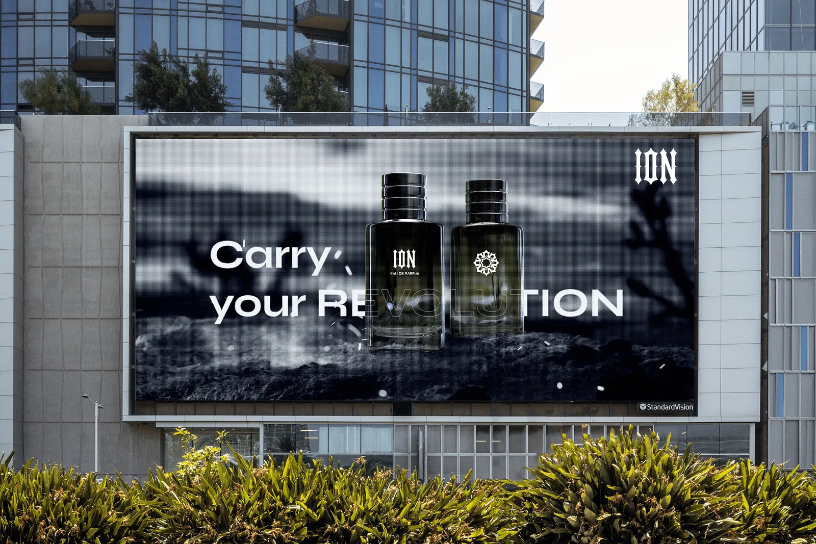 Rooftop billboard reading Carry your Revolution with two Ion bottles