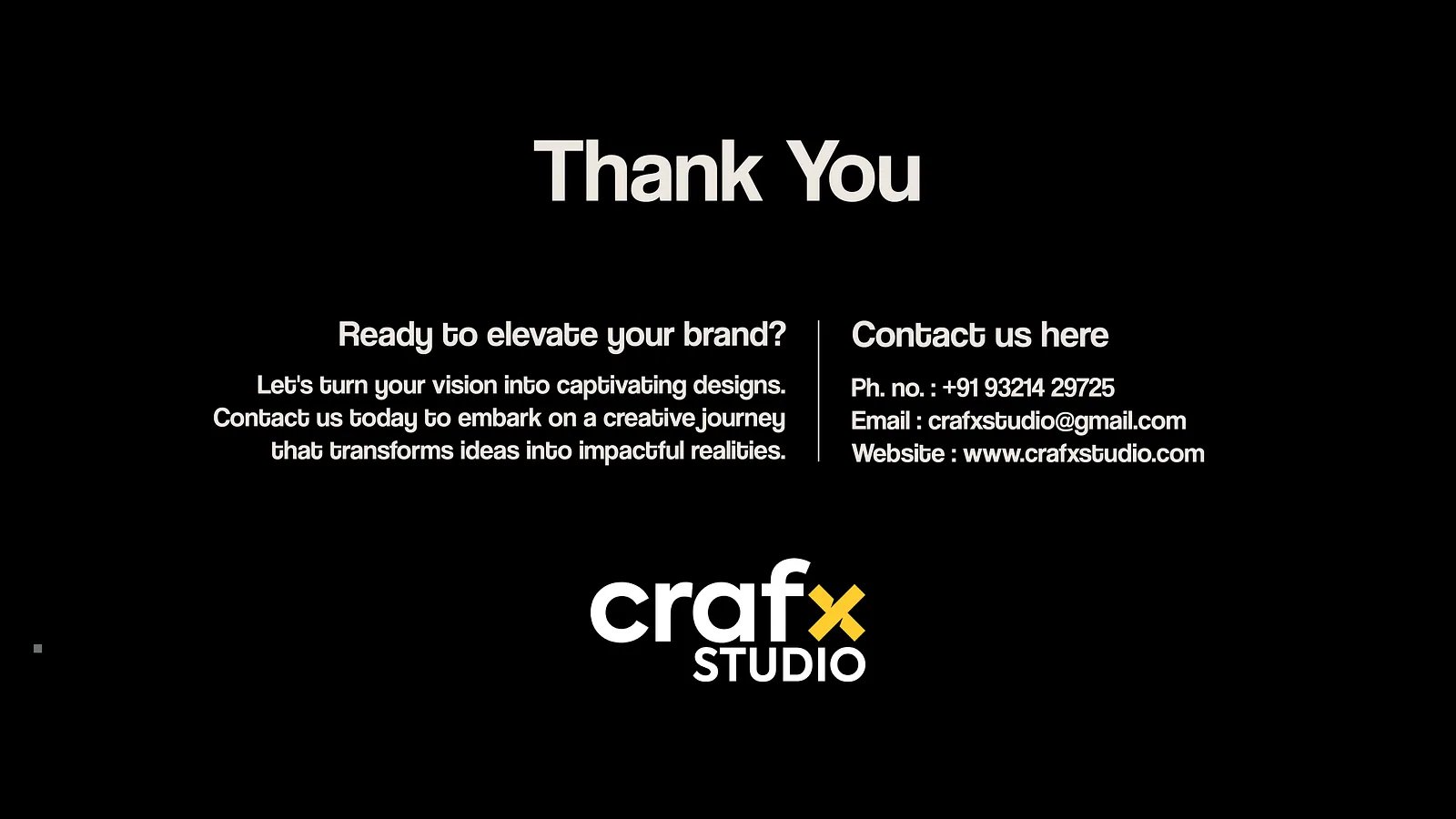 Closing slide with Crafx Studio contact details on black