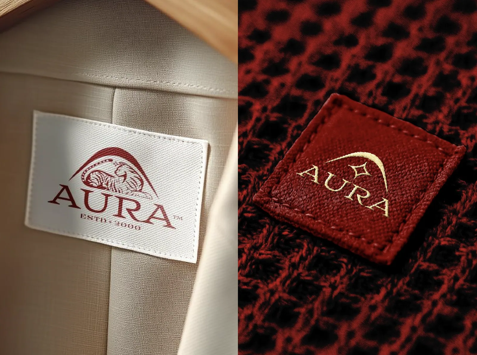 Aura clothing labels on a cream fabric tag and a red leather patch