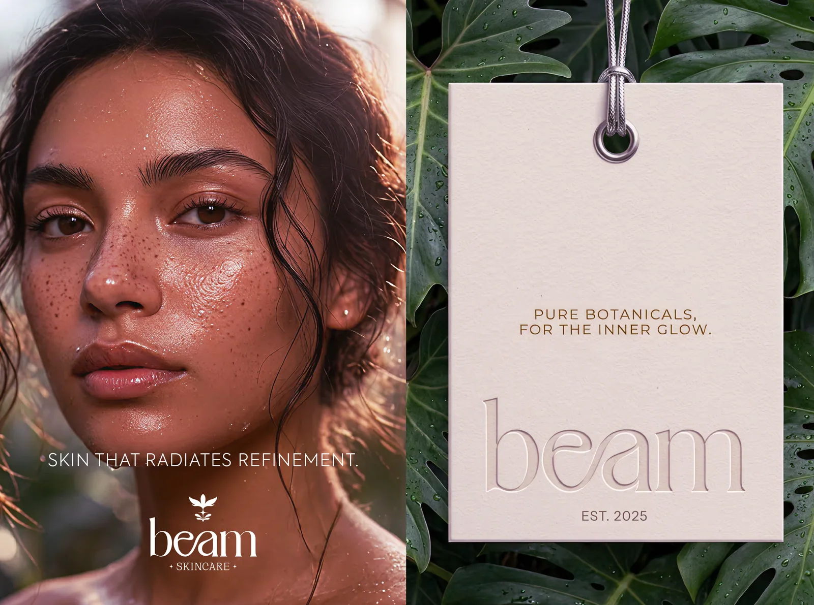 Beam skincare campaign with a model portrait and a printed swing tag