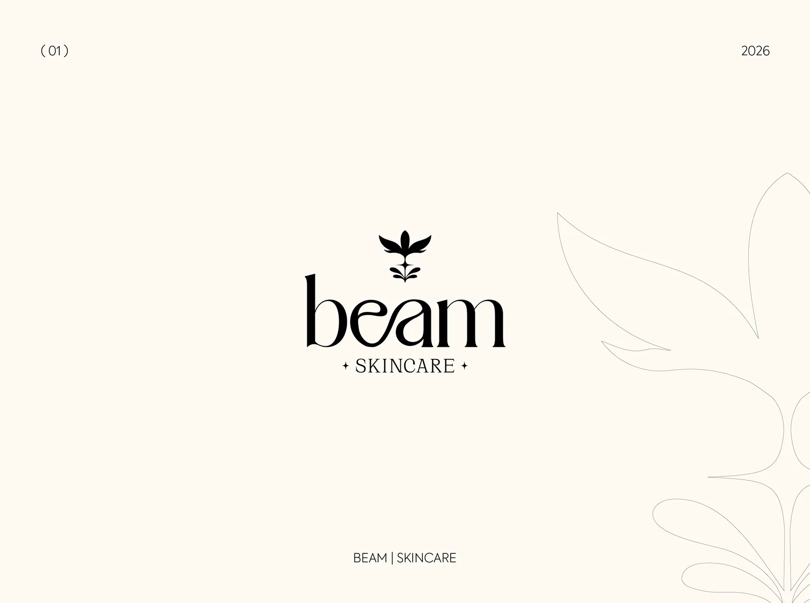 Beam skincare wordmark with a leaf sprig on a cream layout