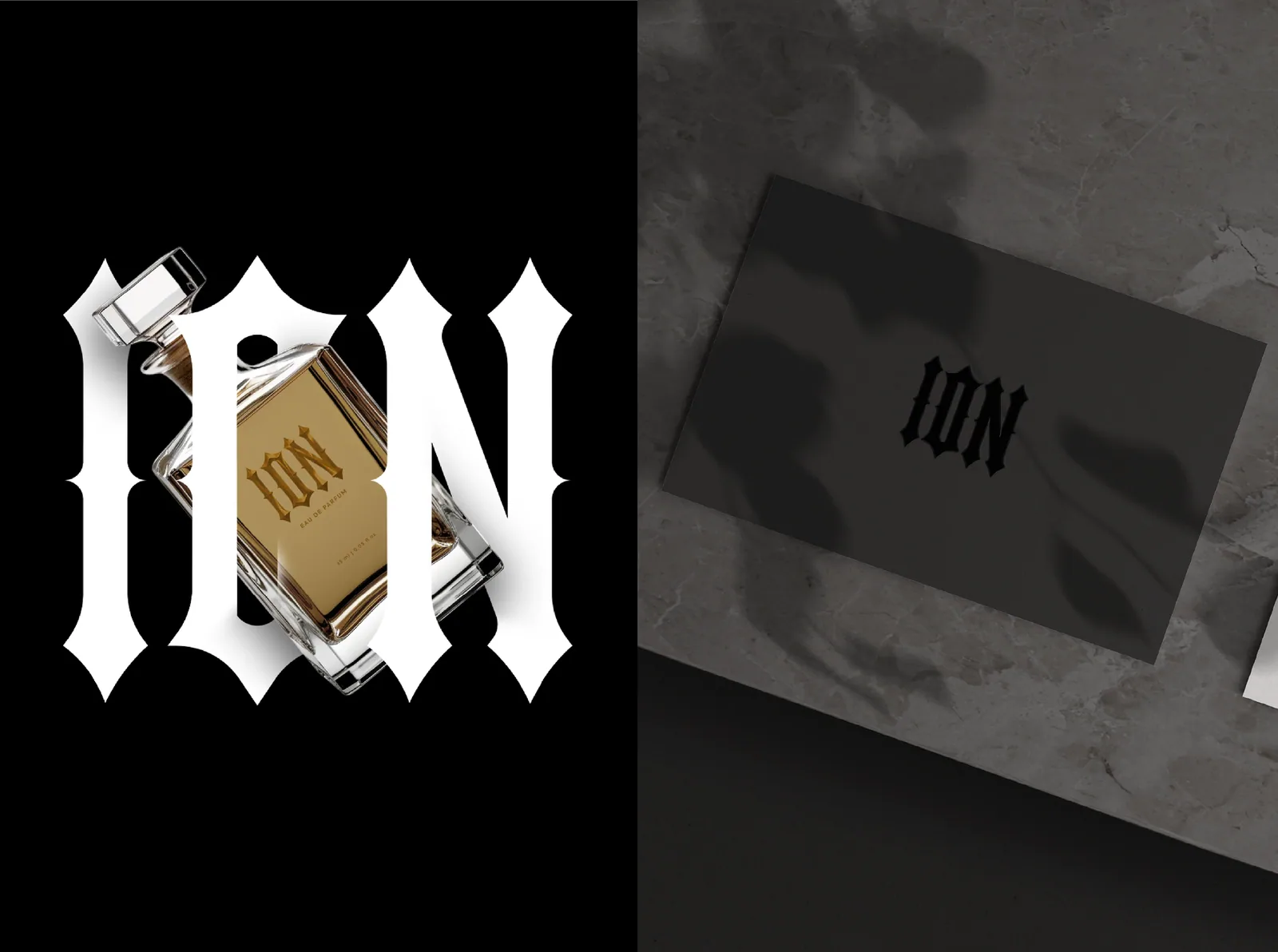Ion perfume blackletter logo with a gold bottle and a dark card