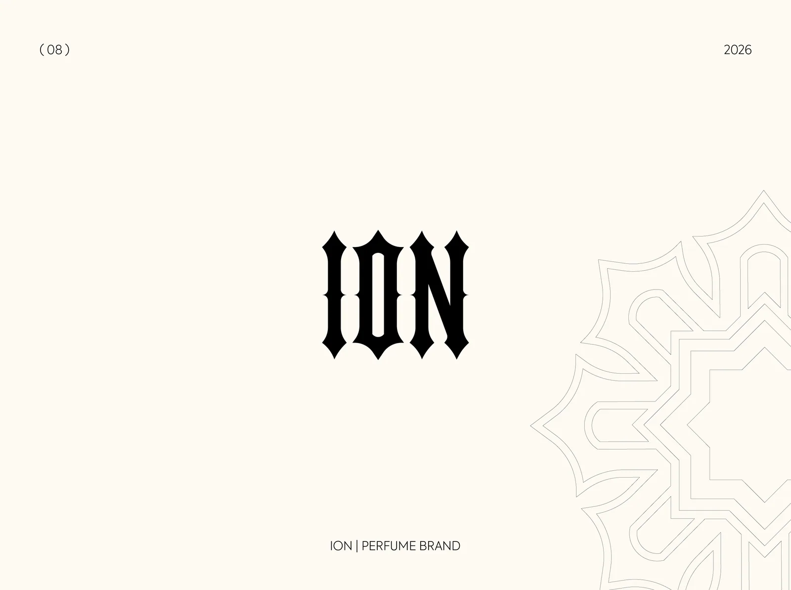 Ion perfume wordmark over a faint ornamental pattern in cream