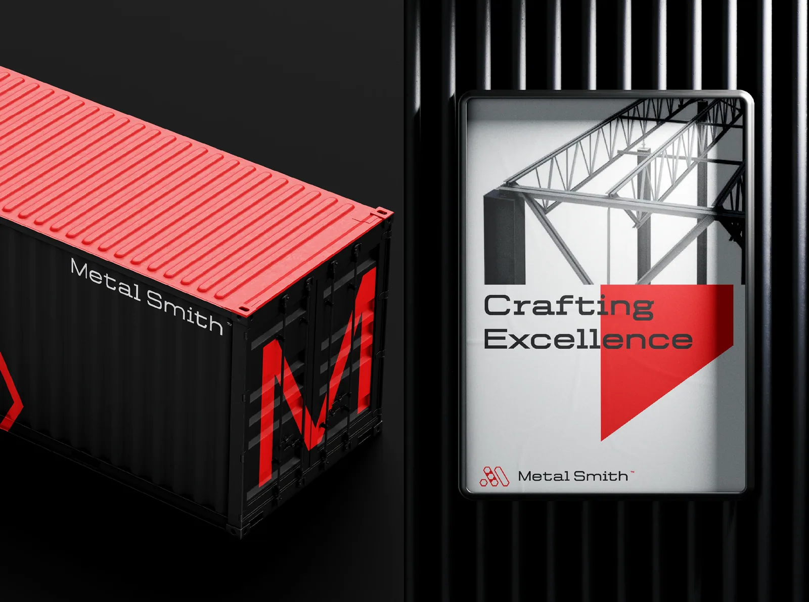 Metal Smith branding on a red shipping container and a poster