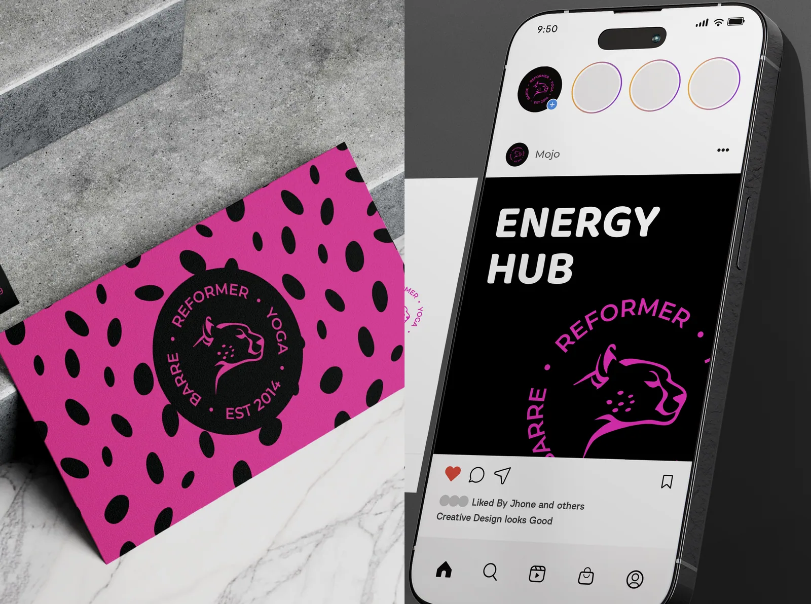 Mojo pilates pink leopard business card beside a phone showing a post