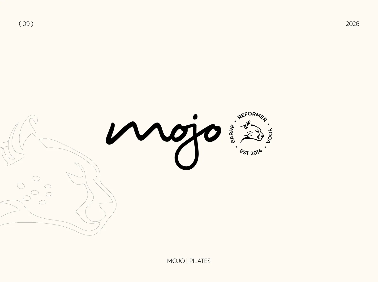 Mojo pilates handwritten logo with a circular reformer badge on cream