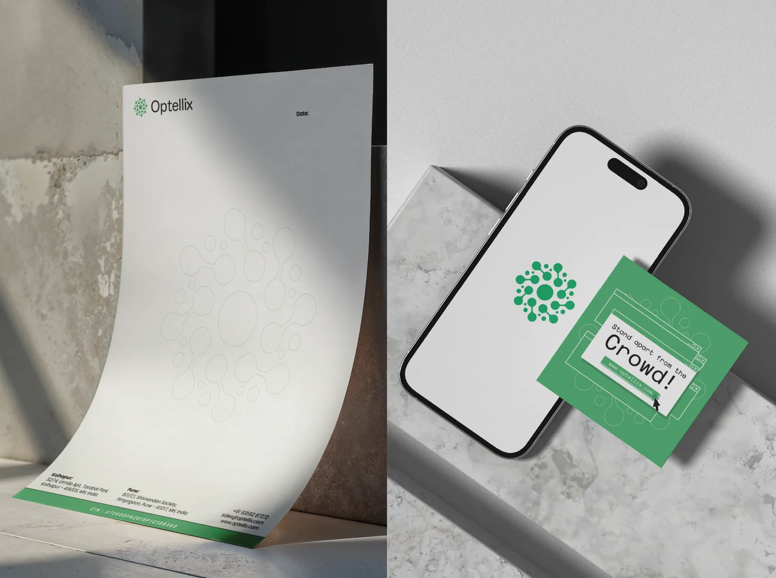 Optellix letterhead and phone mockup with the green dot cluster logo