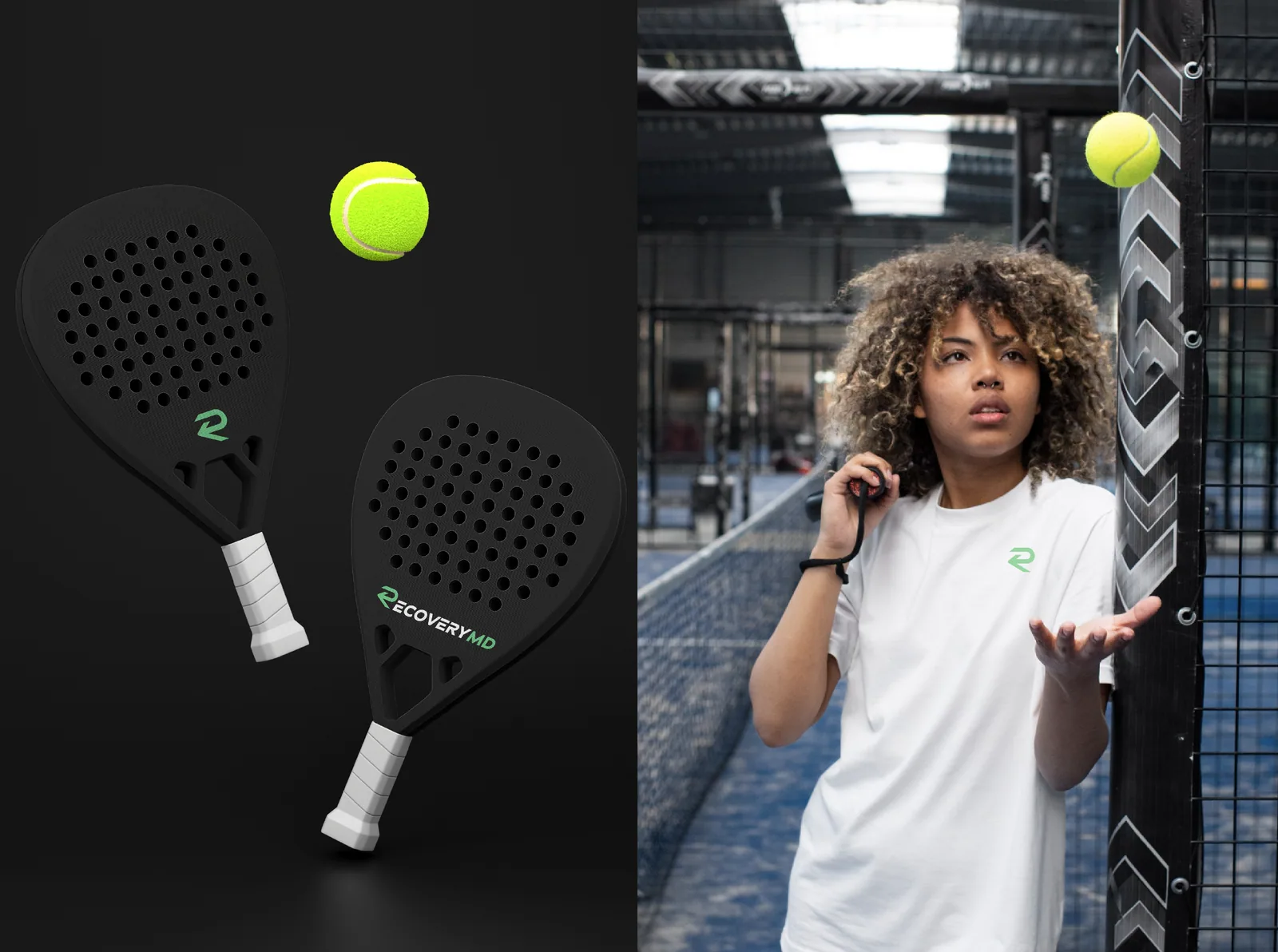 RecoveryMD padel rackets and a player in a branded white shirt