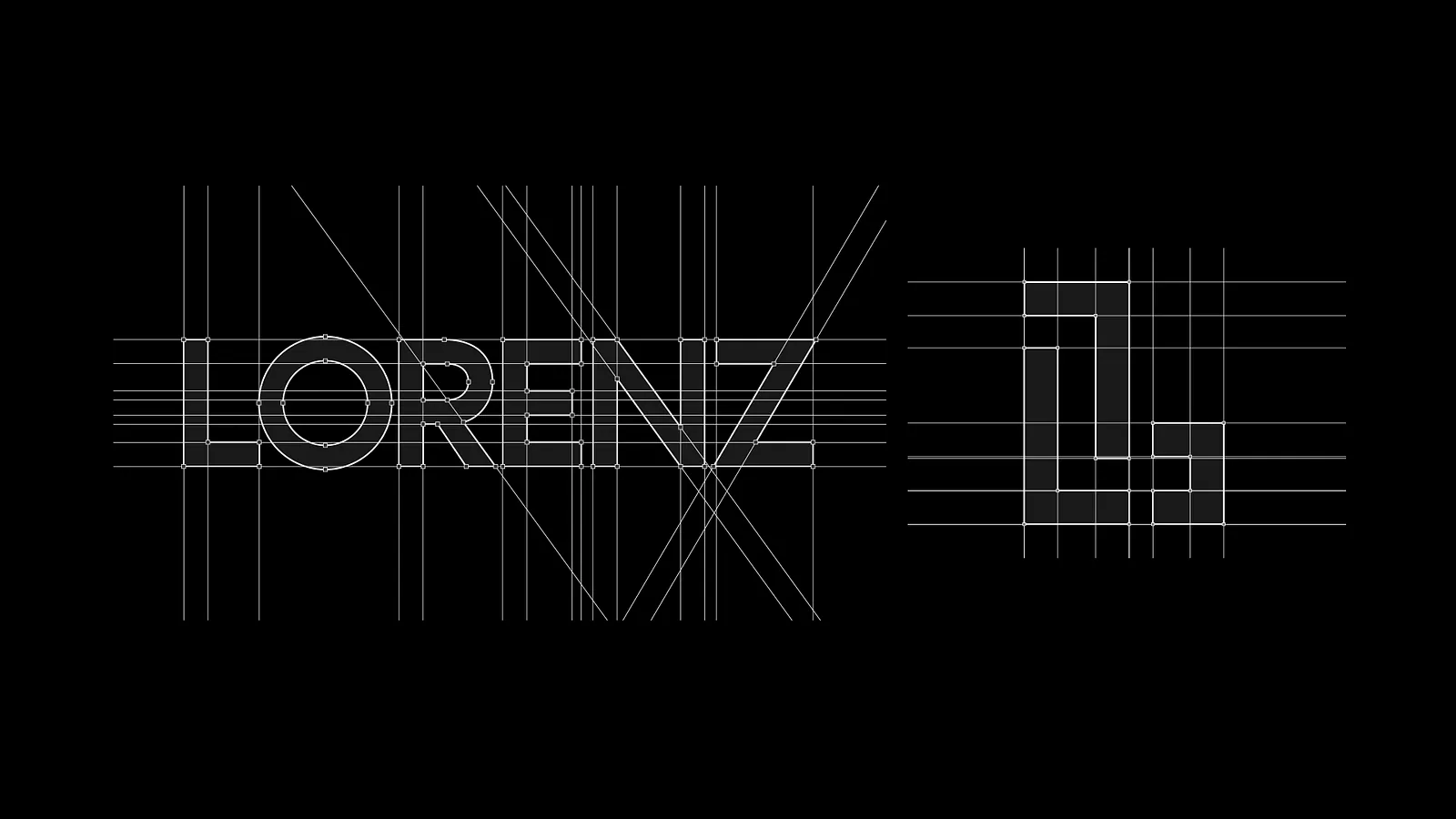 White construction grid lines building the Lorenz wordmark on black
