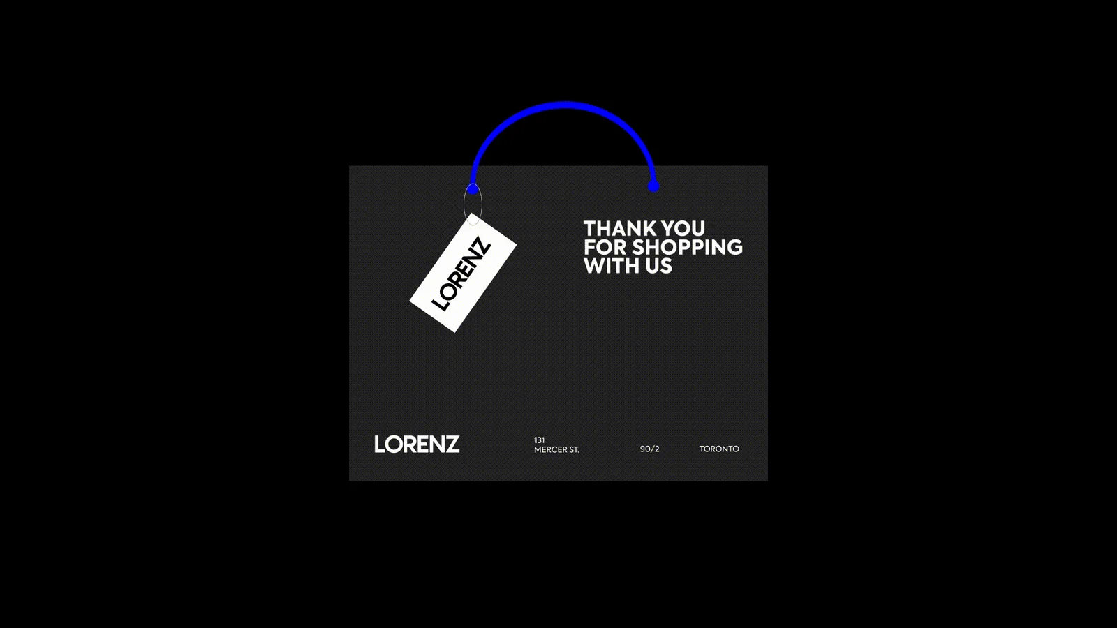 Black shopping bag with a Lorenz thank-you tag on a blue handle