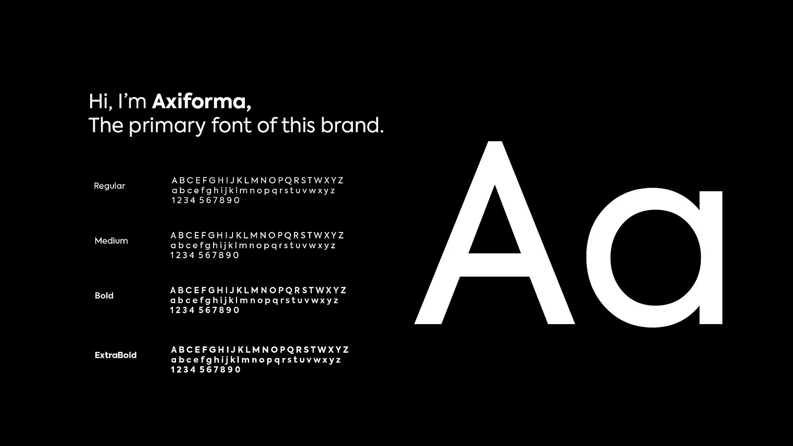 Axiforma typeface specimen showing four weights and a giant Aa
