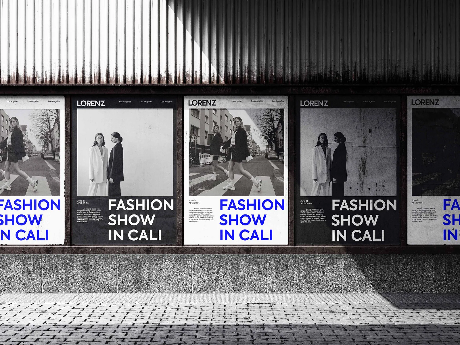 Street poster wall of black and white fashion show advertisements
