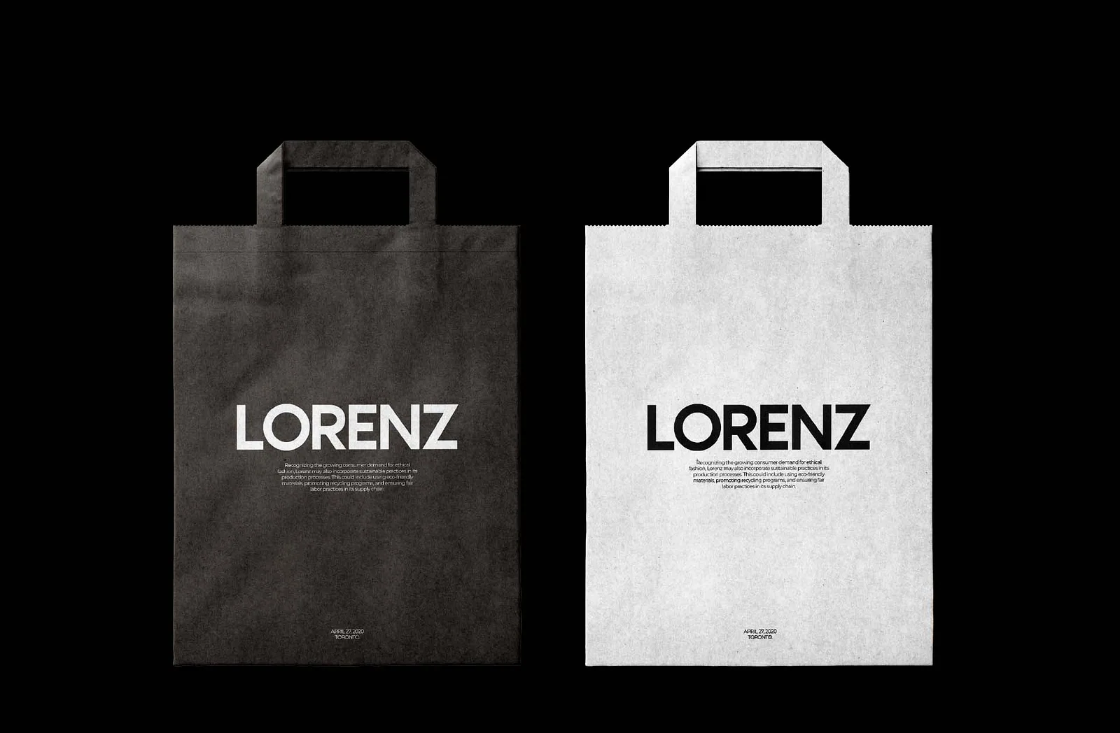 Black and white Lorenz paper shopping bags on a dark background