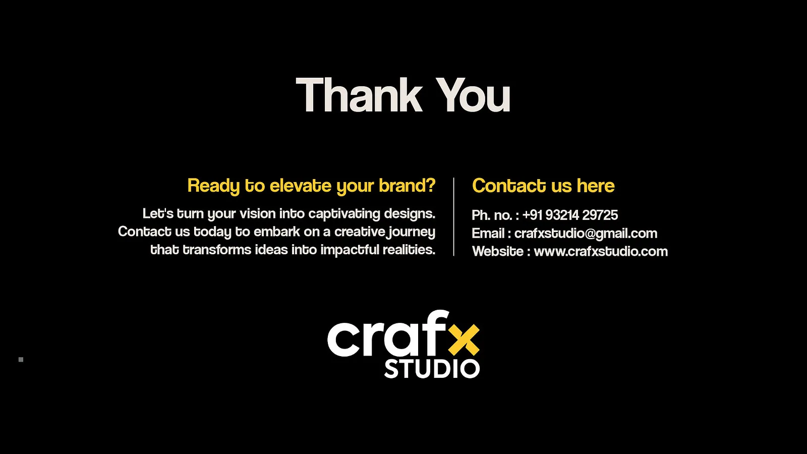 Closing slide with Crafx Studio contact details on black