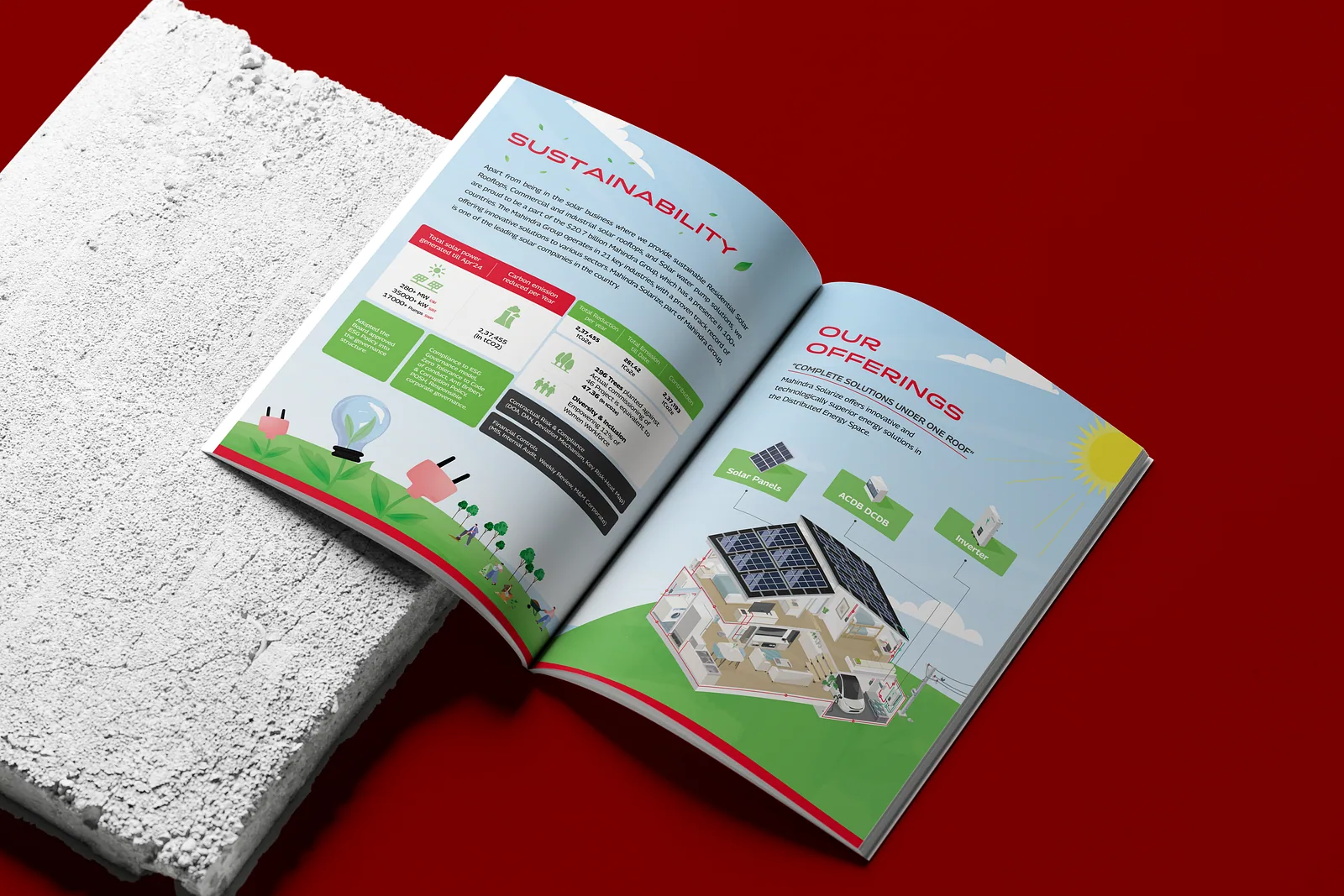 Open brochure on white textured stone against a deep red backdrop