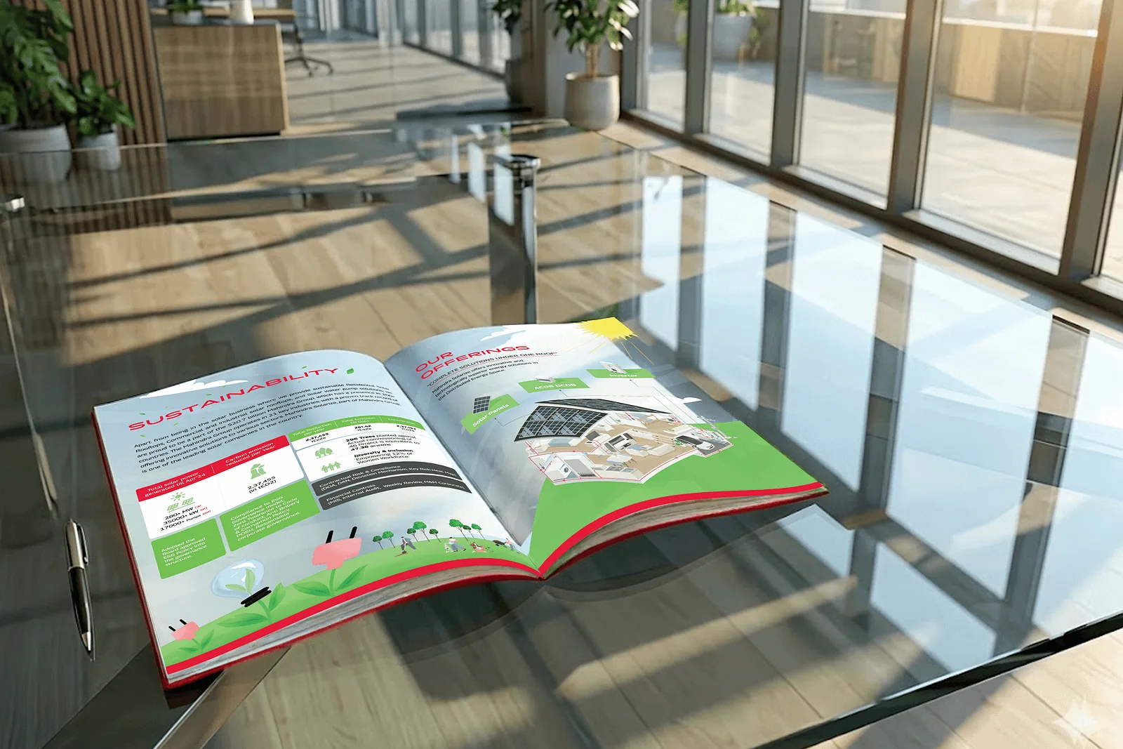 Open illustrated brochure on a glass table in a sunlit office lobby