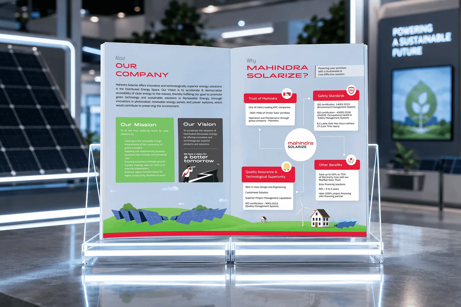 Brochure on an acrylic stand beside a solar panel display