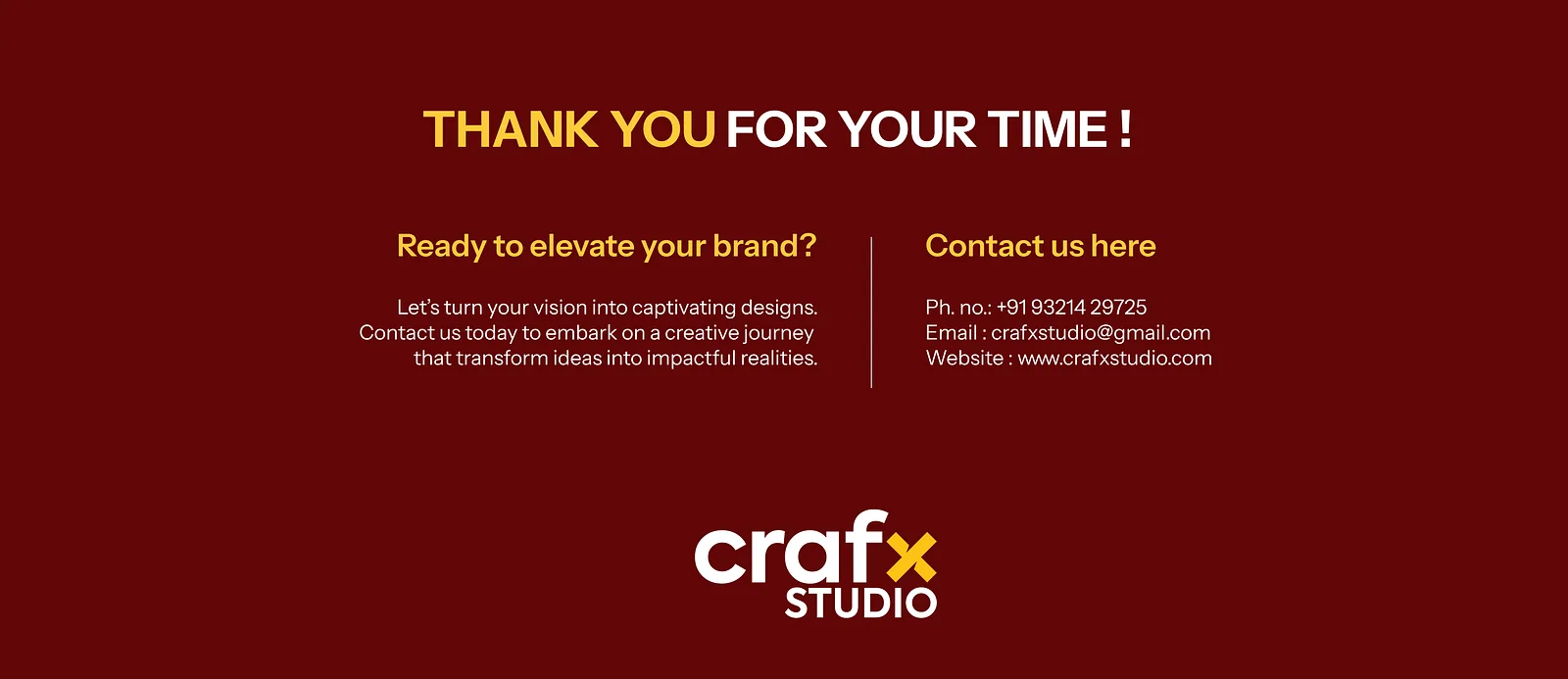 Closing slide with Crafx Studio contact details on dark red