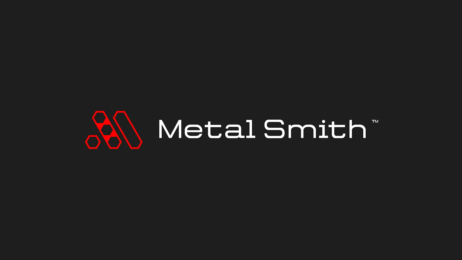 Red hexagonal Metal Smith logo lockup on dark charcoal