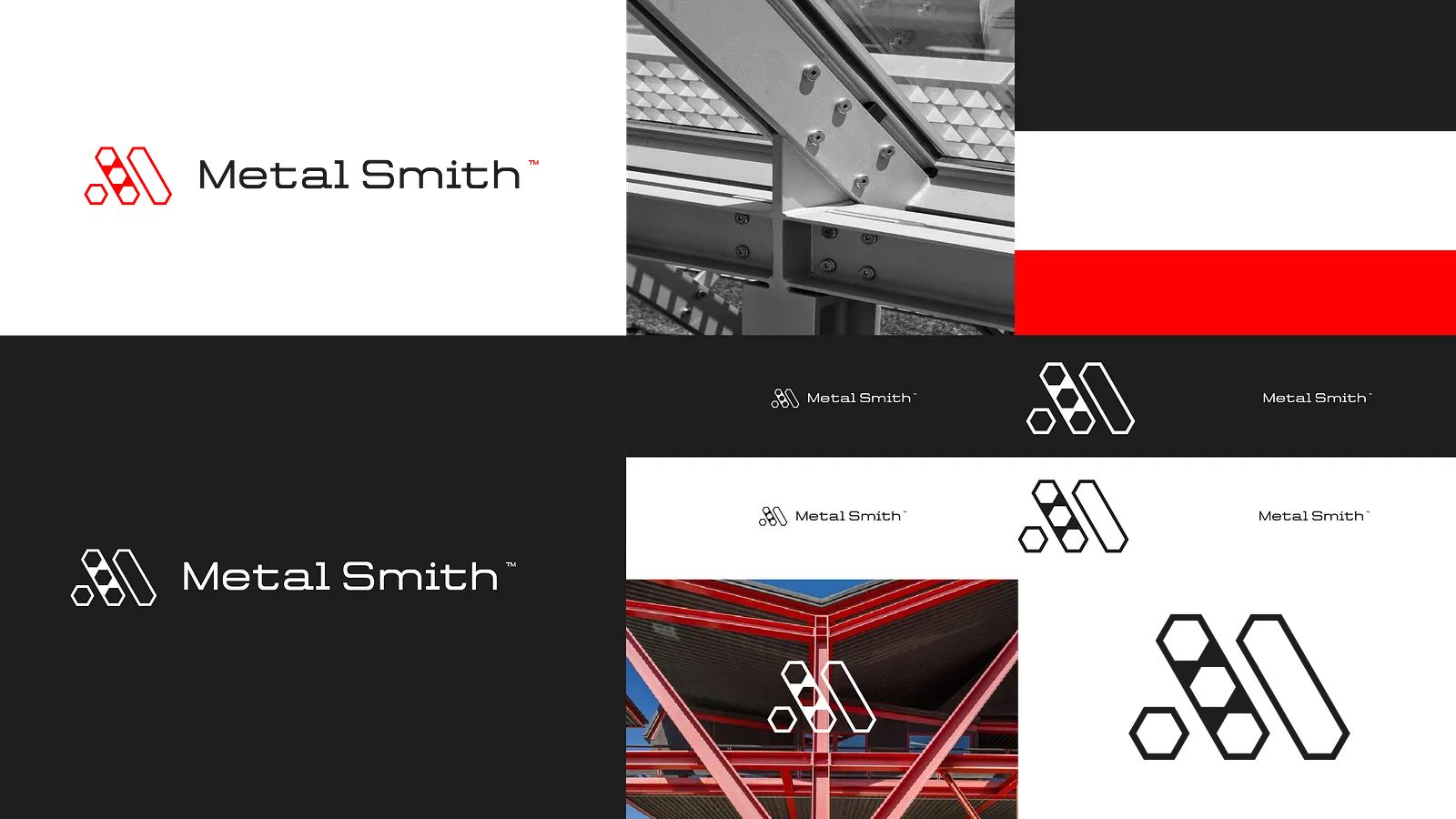 Brand system grid mixing logo variants, steel photography and red blocks