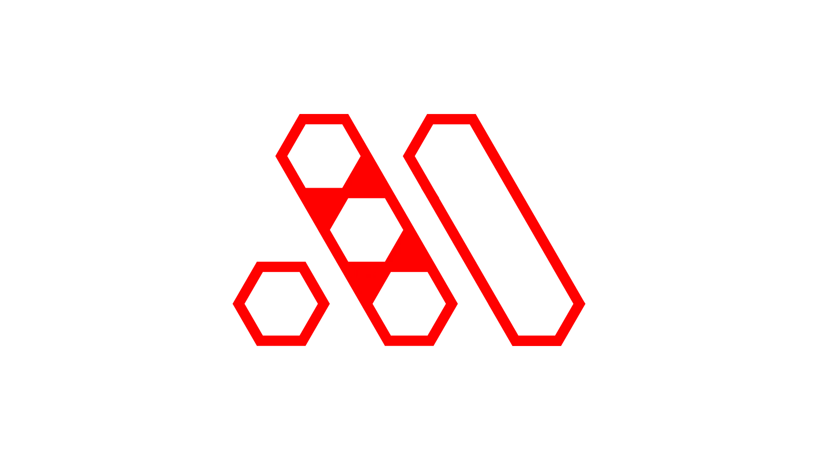 Red outlined hexagonal monogram rendered in three-dimensional perspective