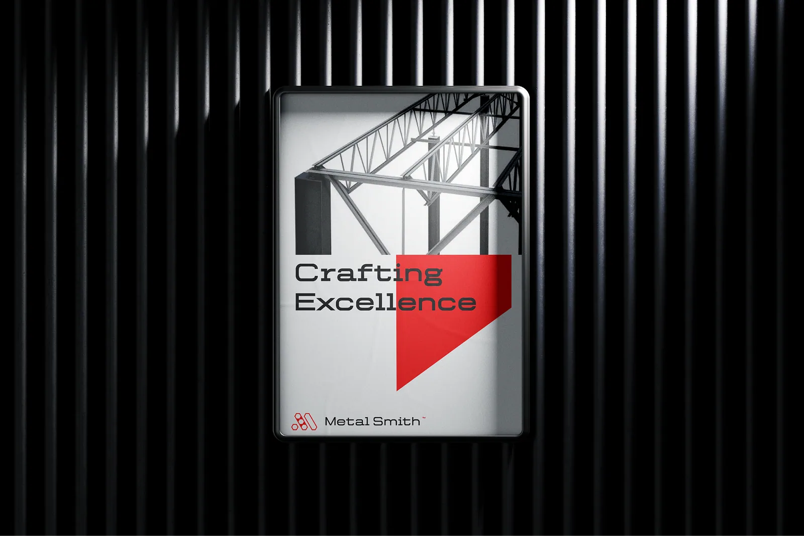 Crafting Excellence brochure cover mounted on a black ribbed wall