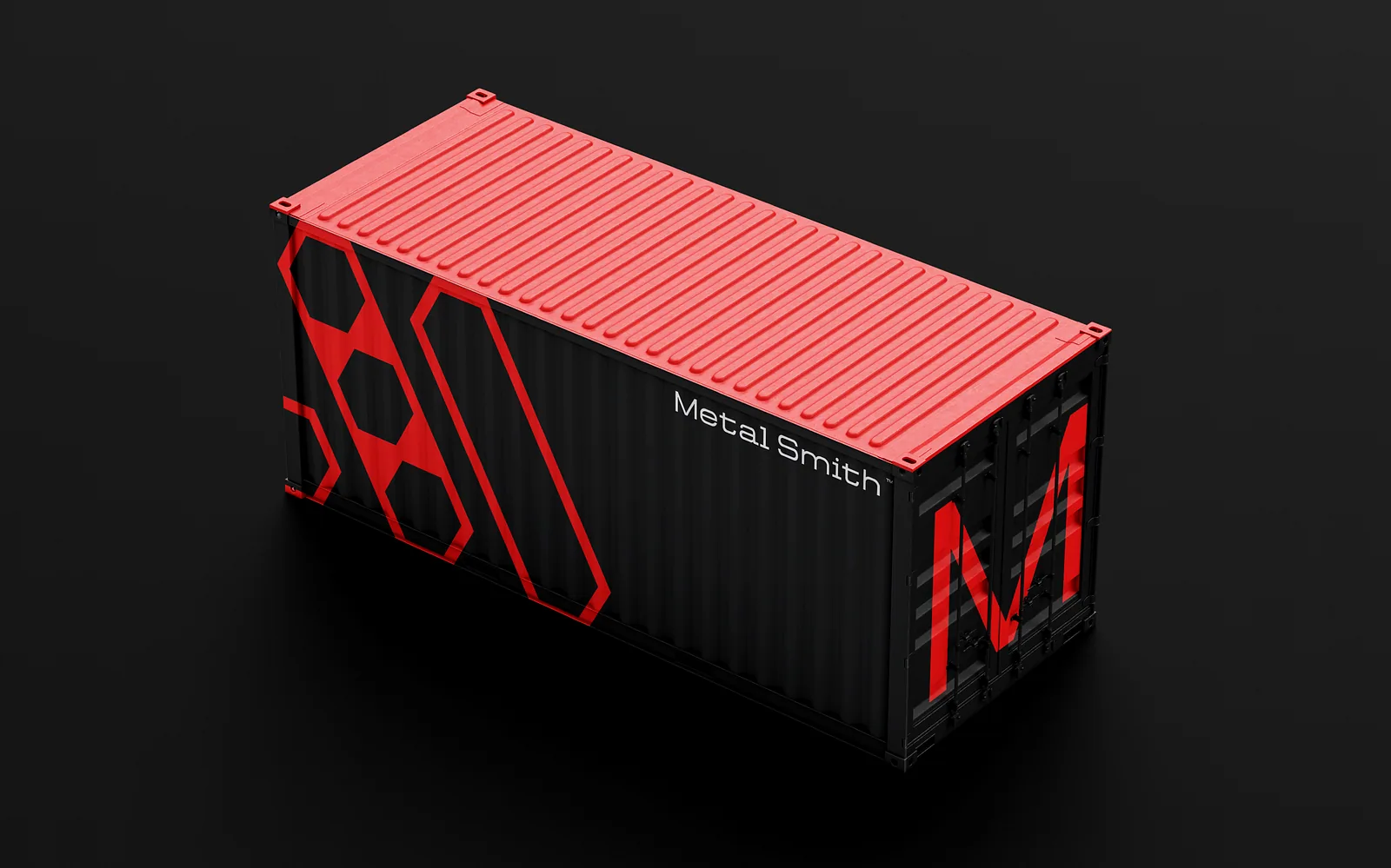 Red and black branded shipping container render on a dark floor