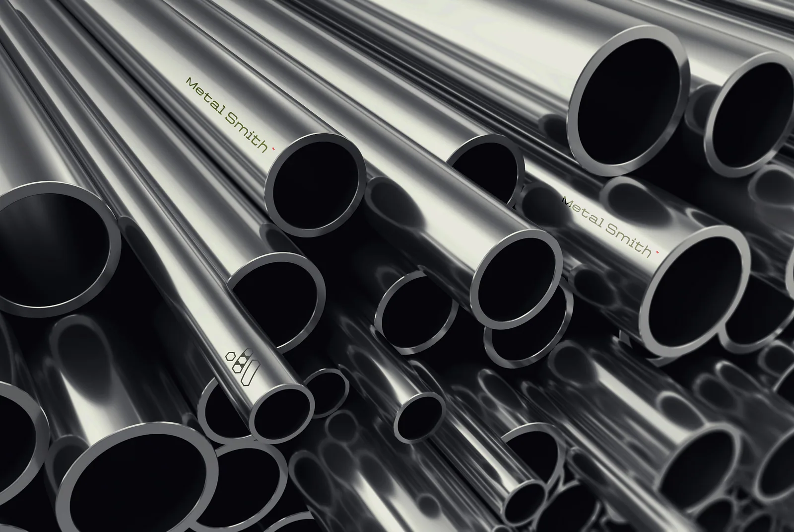 Stacked chrome steel pipes engraved with Metal Smith branding