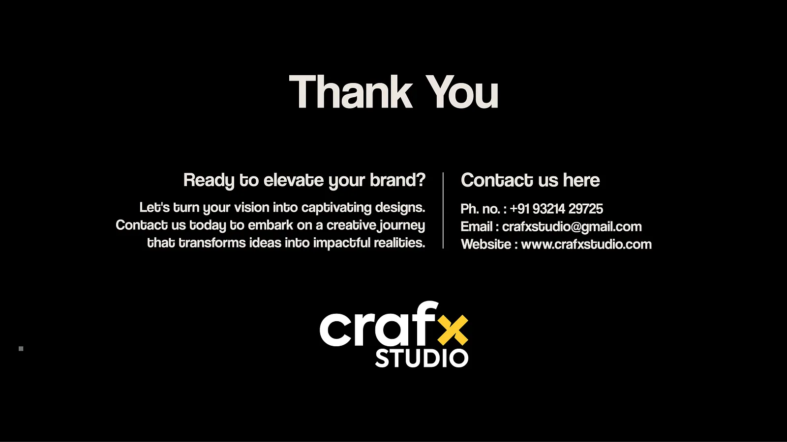 Closing slide with Crafx Studio contact details on black