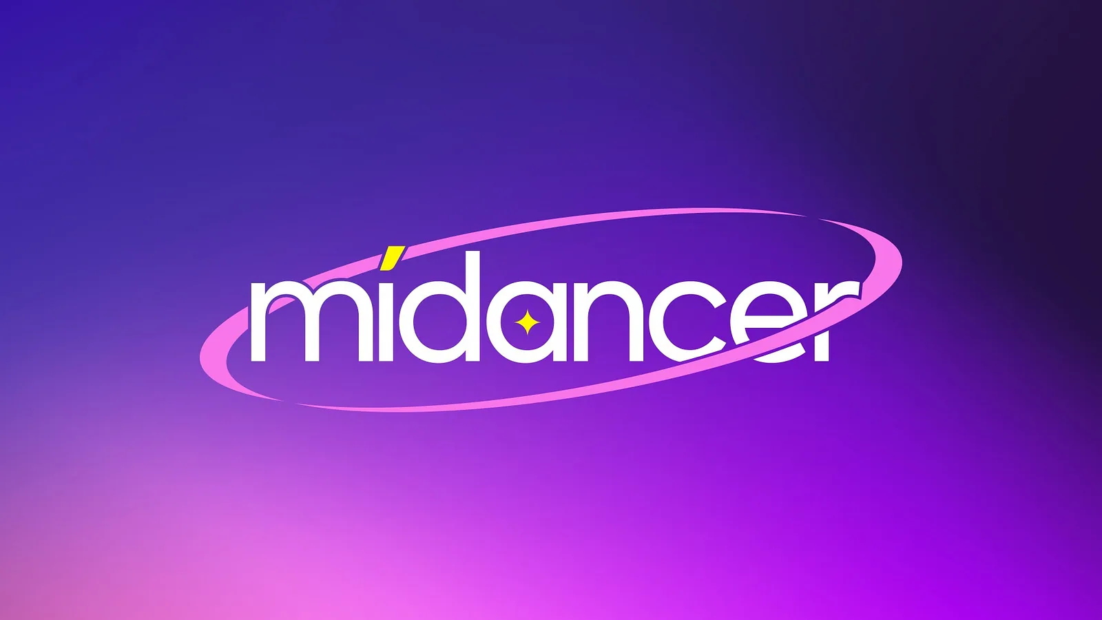 MiDancer wordmark with a pink orbit ring on a purple gradient