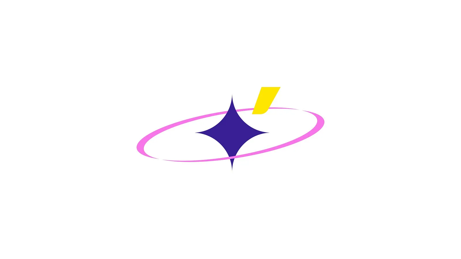 Four-point navy star inside a pink orbit ring with a yellow accent