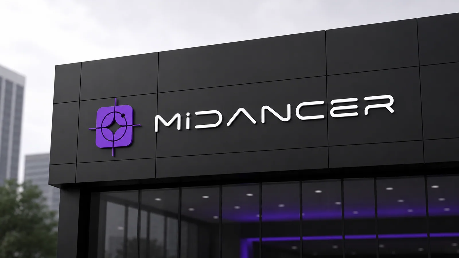 MiDancer logo and wordmark mounted on a dark building facade