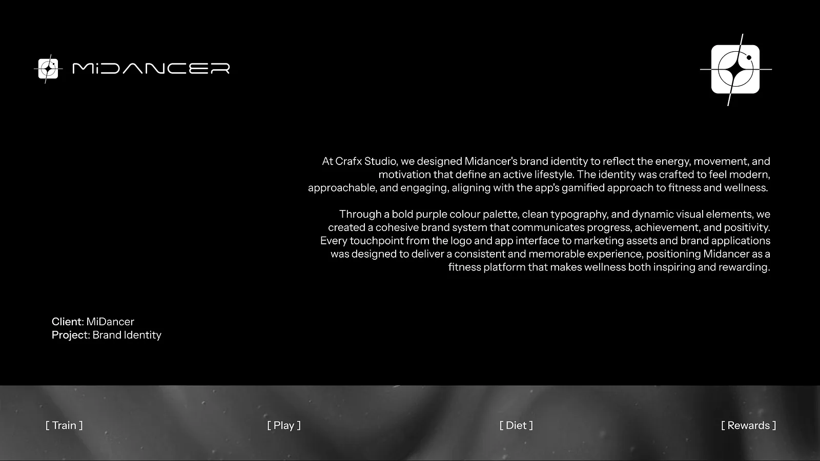 Black slide carrying the written brand identity statement for MiDancer