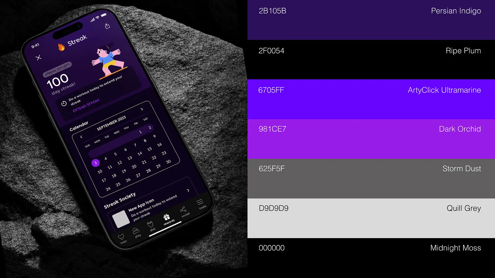 Phone on a rock showing the app beside the purple colour palette