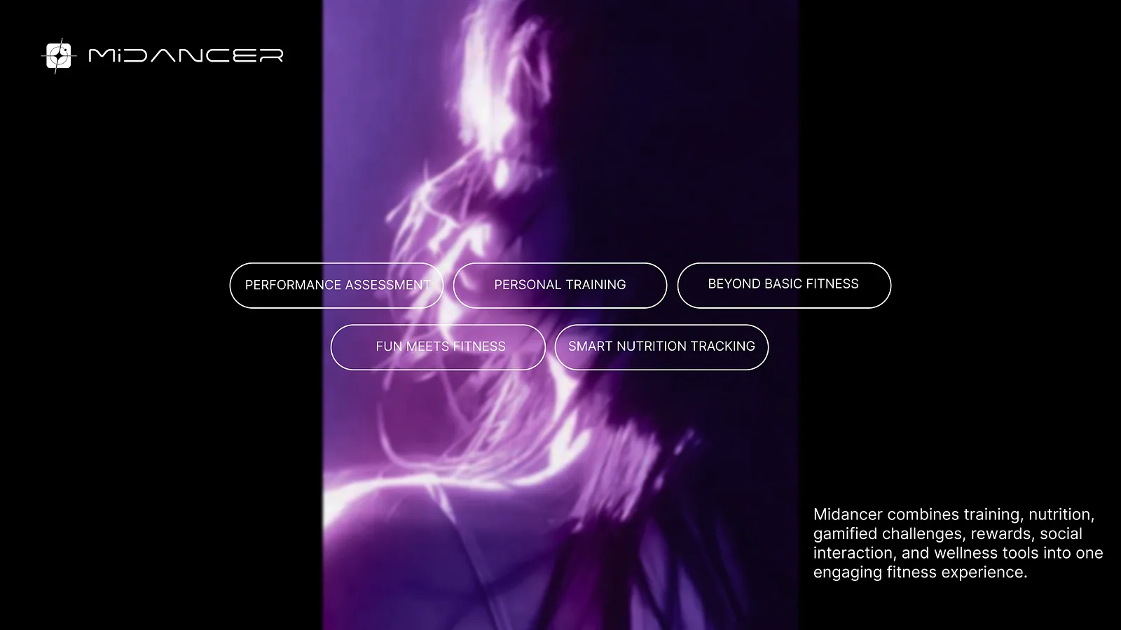 Purple light-trail spread listing the platform's training features