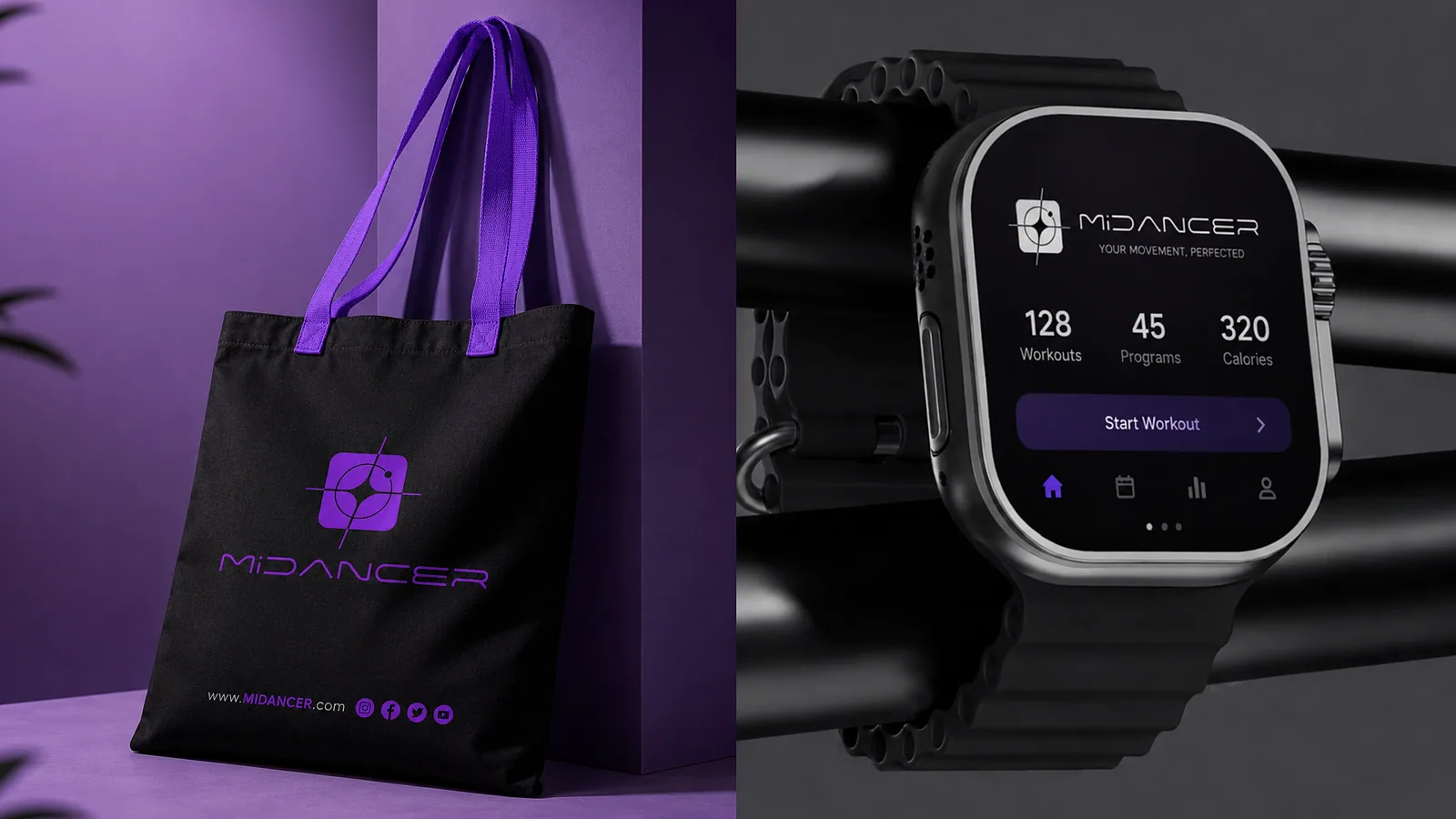 Branded tote bag beside a smartwatch showing a workout screen