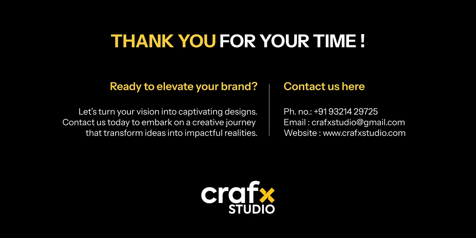 Closing slide with Crafx Studio contact details on black