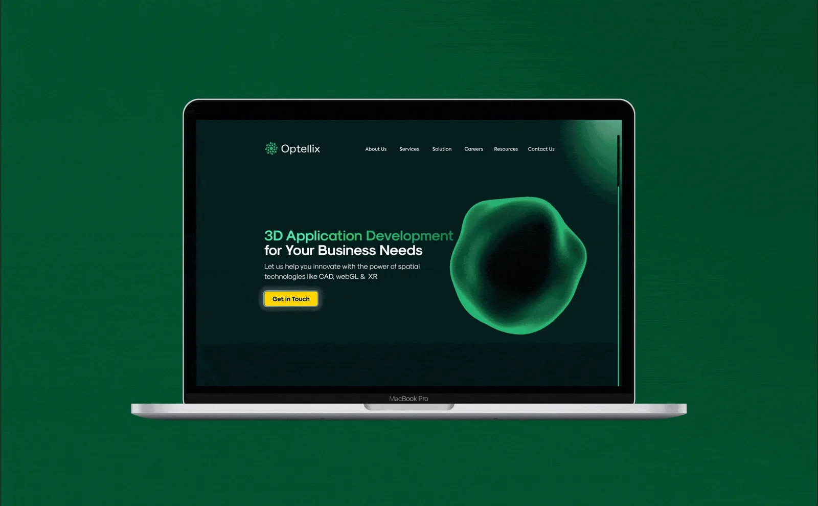 Optellix homepage on a laptop against a deep green background