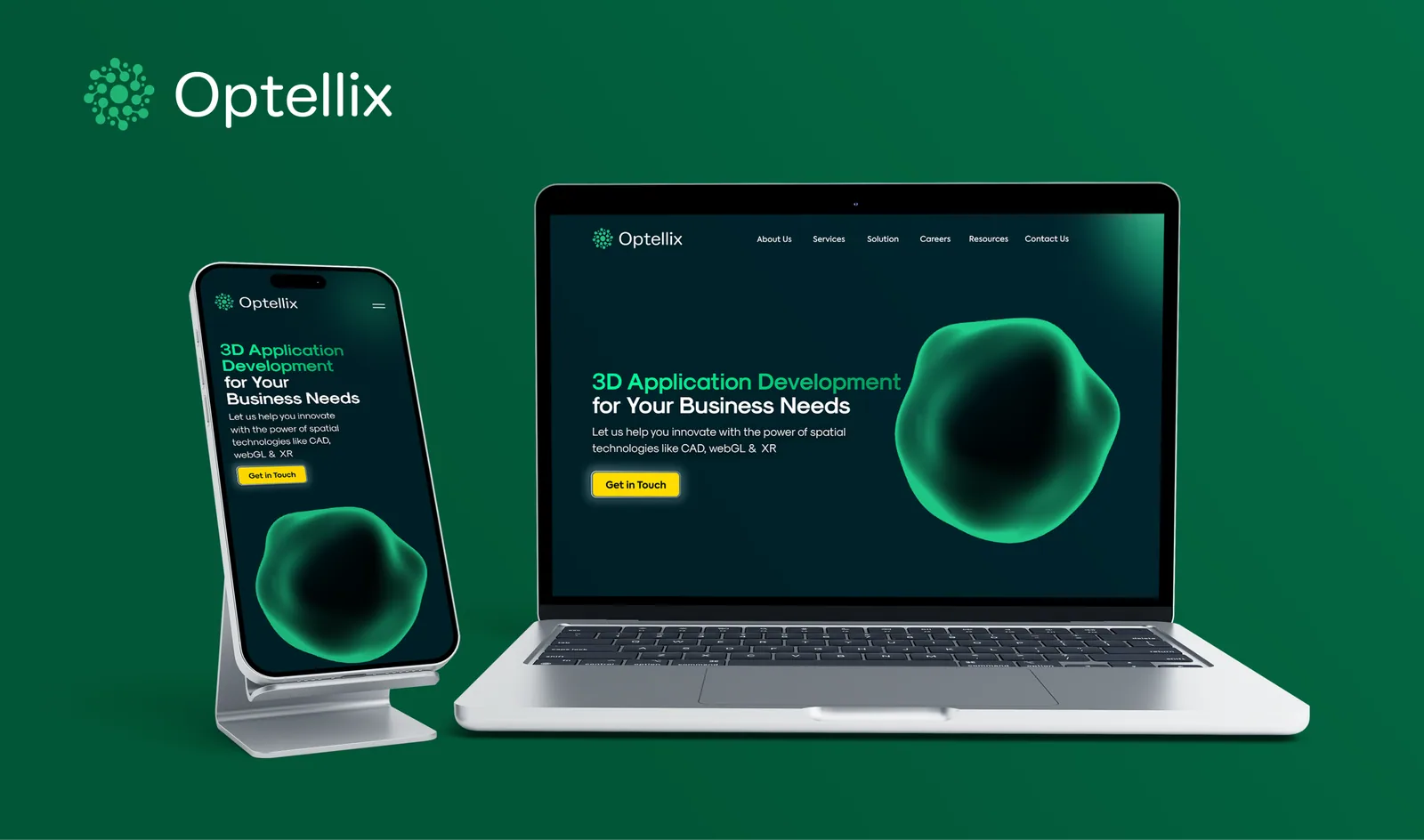 Optellix site shown together on a phone and a laptop in green