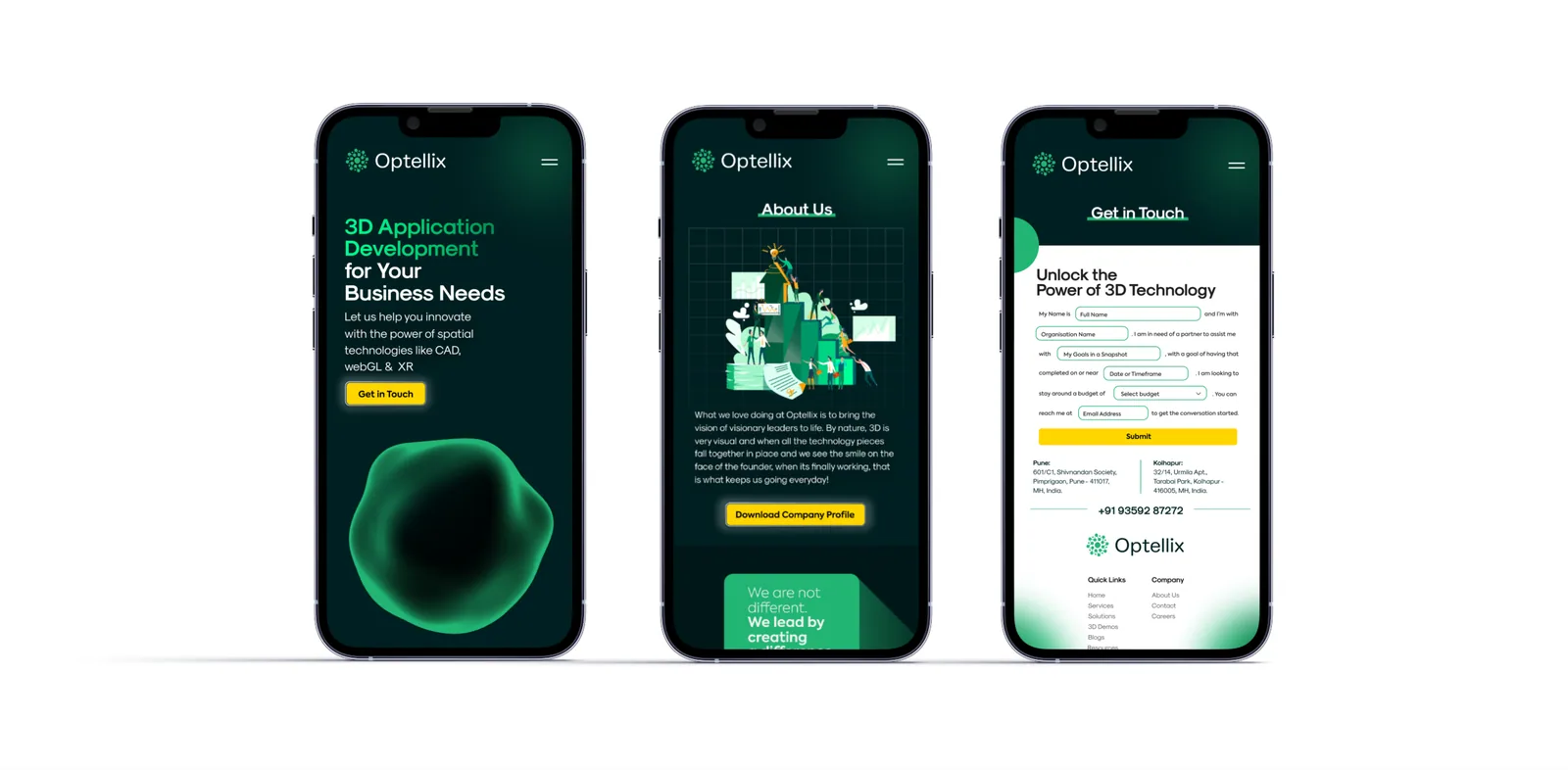 Three phone screens showing the Optellix home, about and contact pages