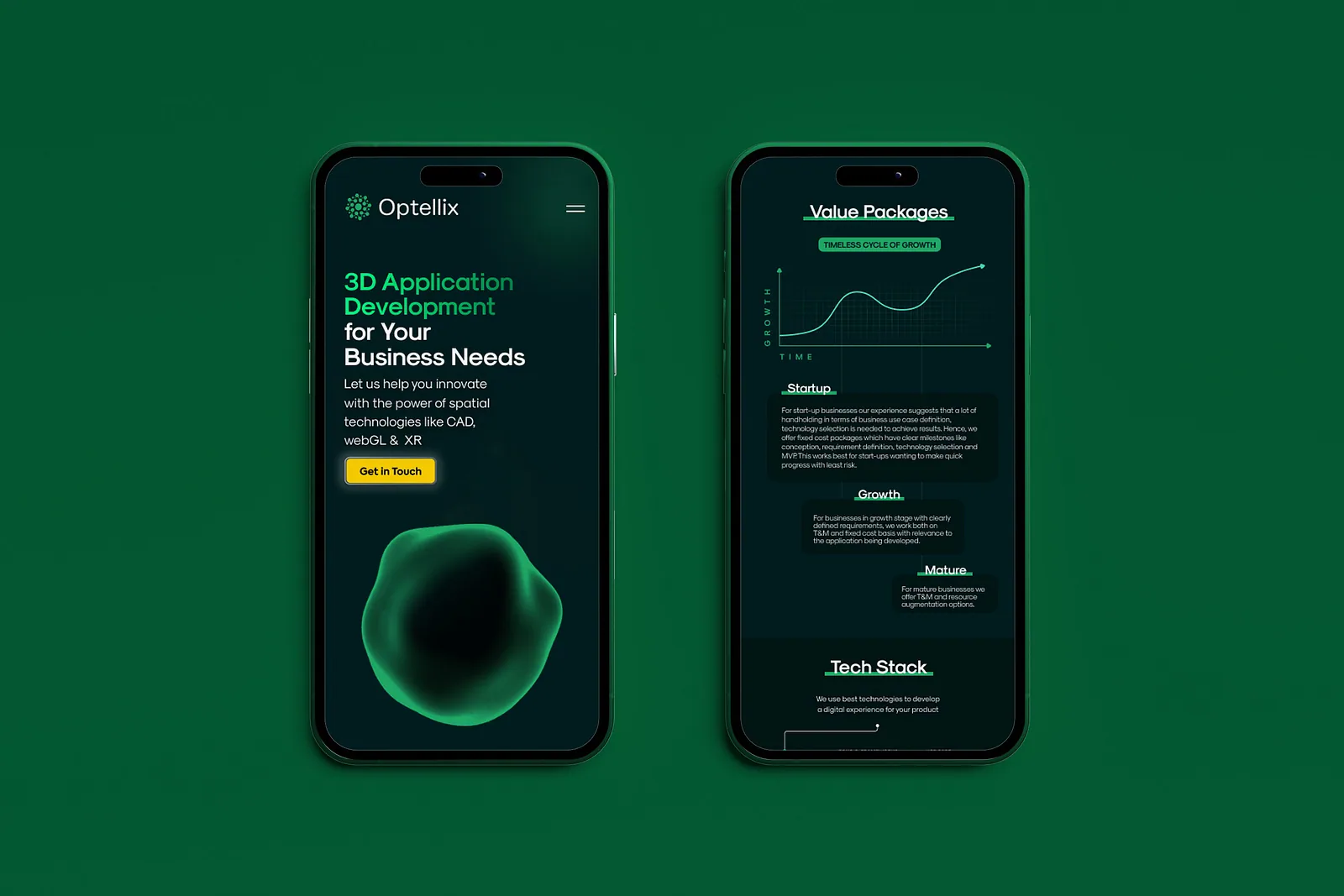 Two phone mockups showing the Optellix mobile site on green