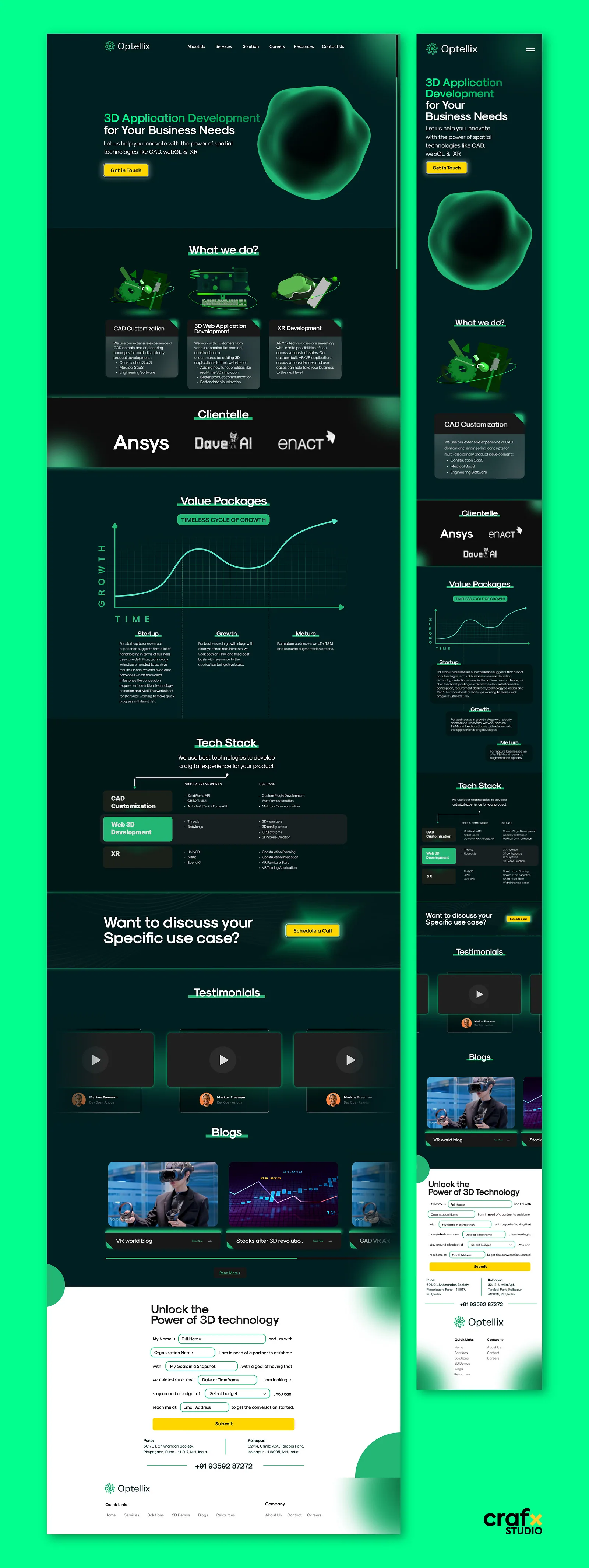 Long scrolling web page screens stacked on a green background