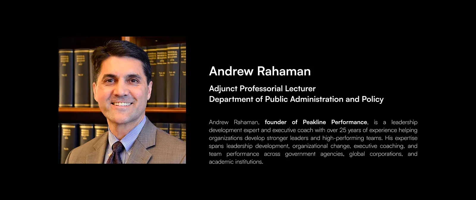 Speaker profile slide for founder Andrew Rahaman on a black panel