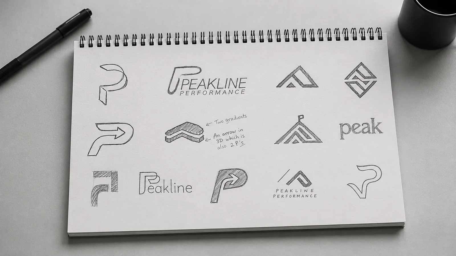 Sketchbook page of hand-drawn Peakline logo explorations in pencil